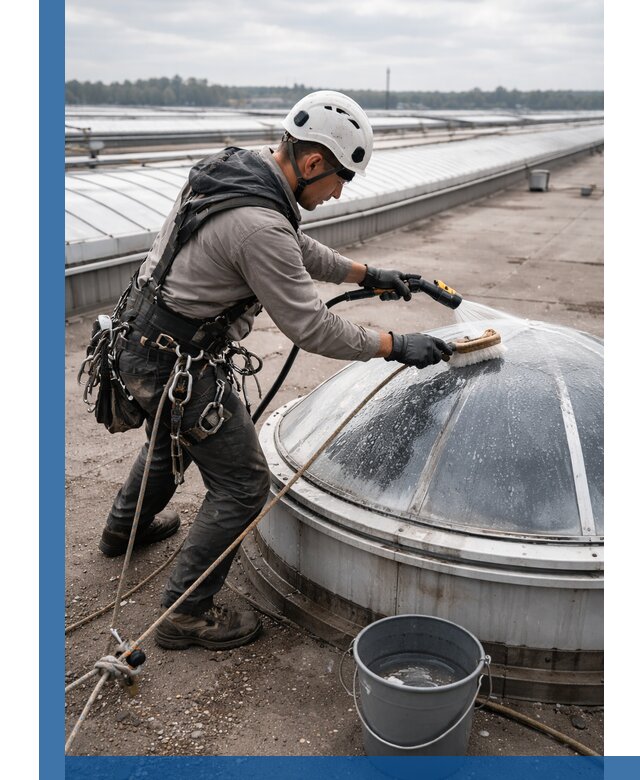 Мойка зенитных фонарей на кровле для промышленных объектов в Борзе