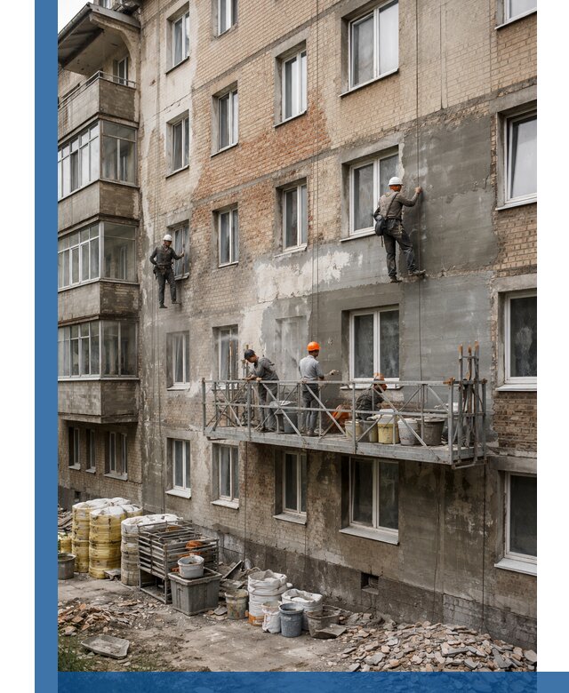 Капитальный ремонт фасада в Борзе с восстановлением и гидроизоляцией