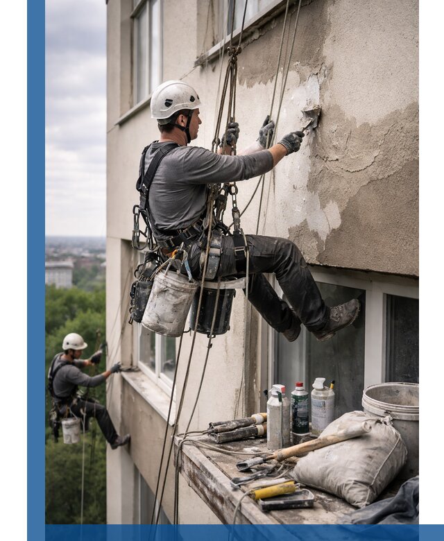 Косметический ремонт фасада зданий в Борзе промышленными альпинистами