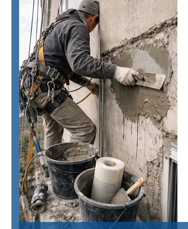 Ремонт бетонных элементов фасада промышленными альпинистами в Борзе