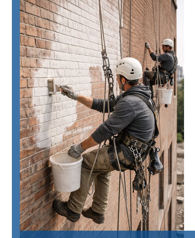 Покраска кирпичного фасада с доступным альпинистским сервисом в Борзе