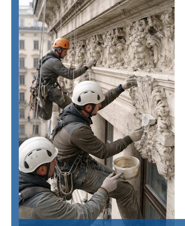 Реставрация фасадной лепнины с высотными работами в Борзе