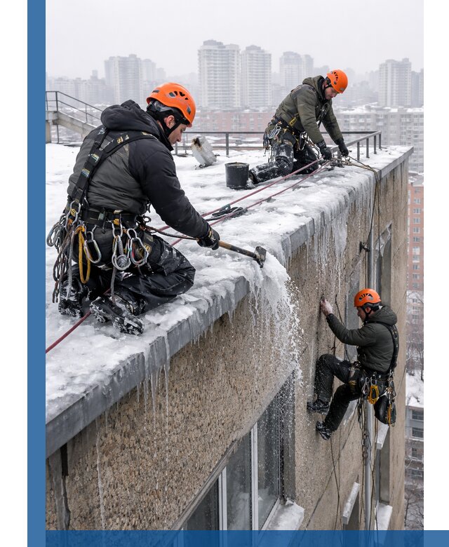 Удаление наледи с кровли в Борзе промышленными альпинистами