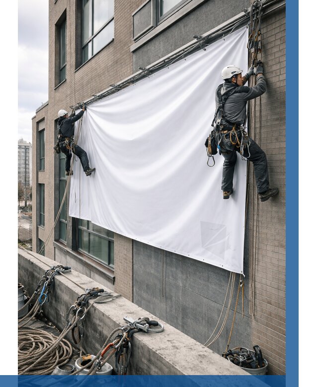 Монтаж баннеров на фасаде в Борзе от 670 р. заказать ВЫСОТНИК-Бря