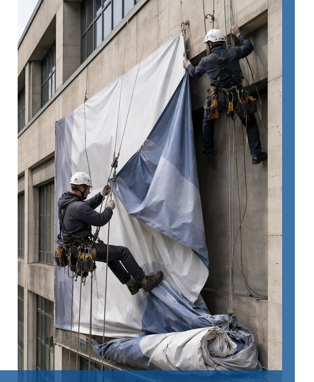 Демонтаж баннеров с фасада в Борзе от 4635 р. | ВЫСОТНИК-Бря