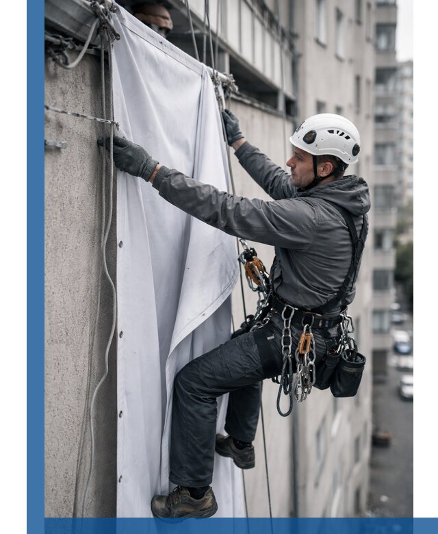 Замена баннерного полотна промышленными альпинистами в Борзе