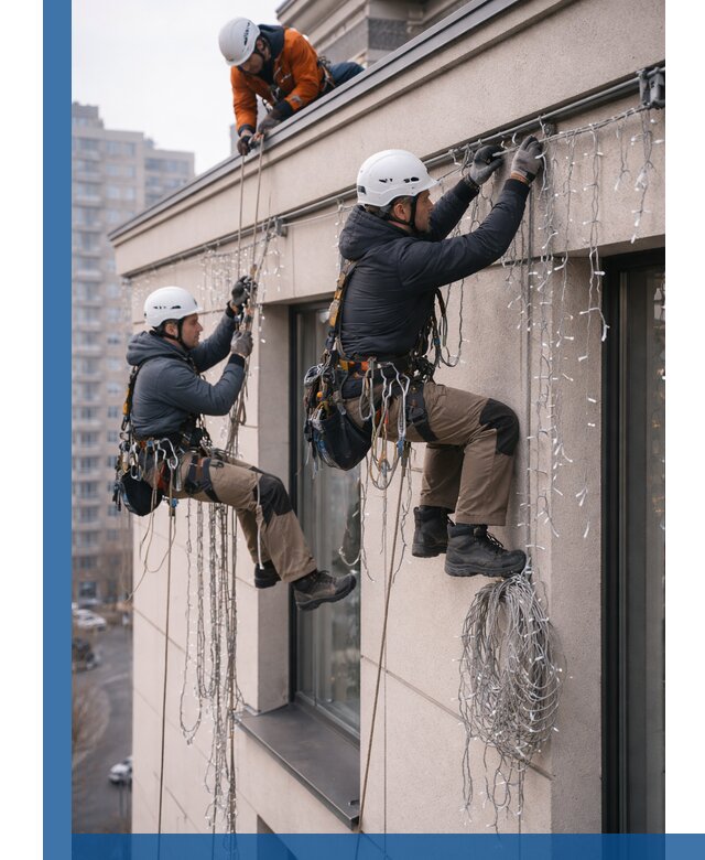 Монтаж праздничных гирлянд на фасаде в Борзе для зданий