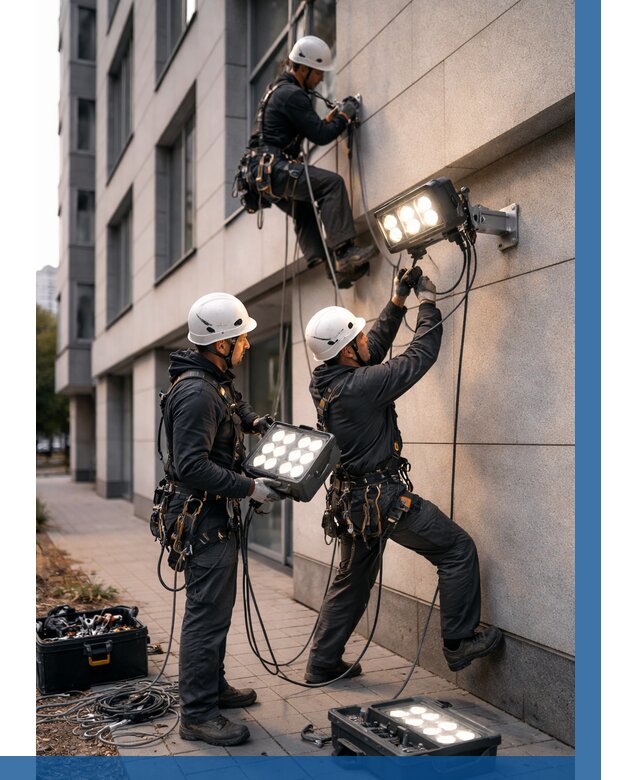 Монтаж прожекторов на фасаде в Борзе от 7726 р. | ВЫСОТНИК-Бря