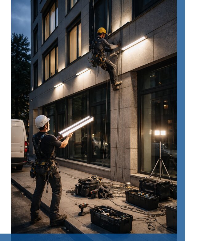 Монтаж архитектурной подсветки здания в Борзе от 2575 р.|ВЫСОТНИК-Бря