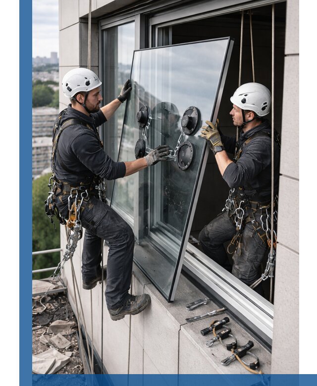 Замена стеклопакетов на высоте с промышленными альпинистами в Борзе