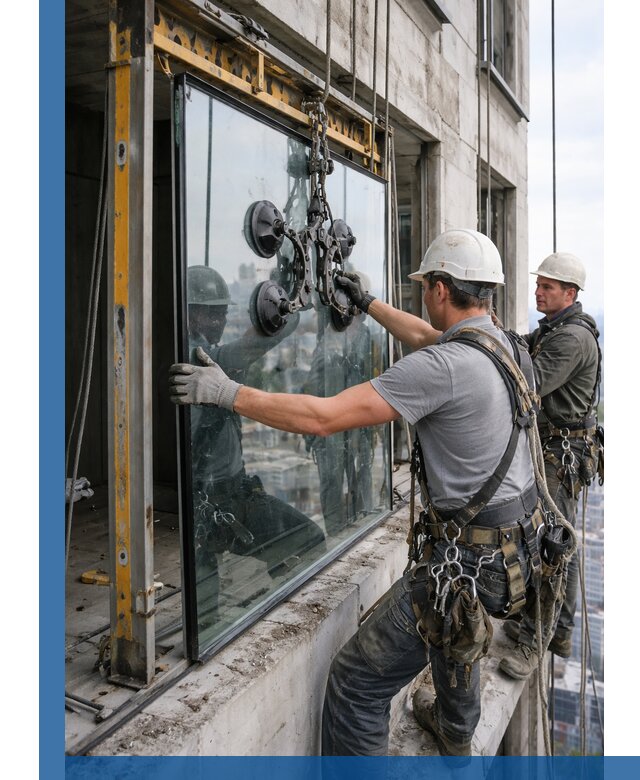 Монтаж стеклопакетов на высоте в Борзе с промышленным альпинизмом