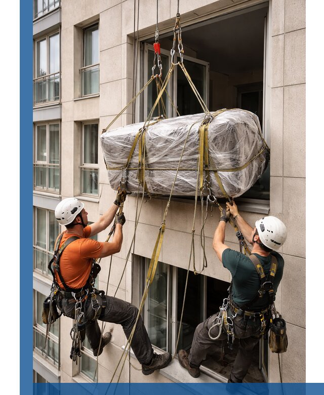 Подъем грузов через окно в Борзе промышленными альпинистами