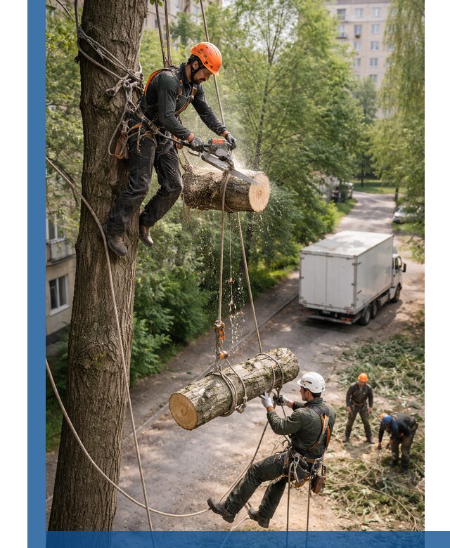 Спил деревьев альпинистами в Борзе, безопасно и без повреждений