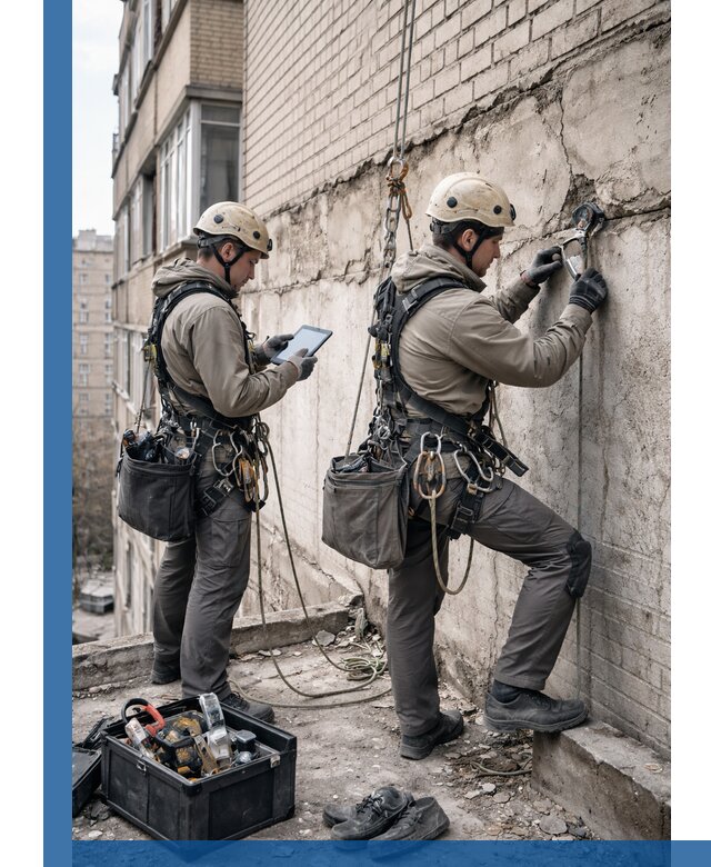 Обследование фасада промышленными альпинистами в Борзе